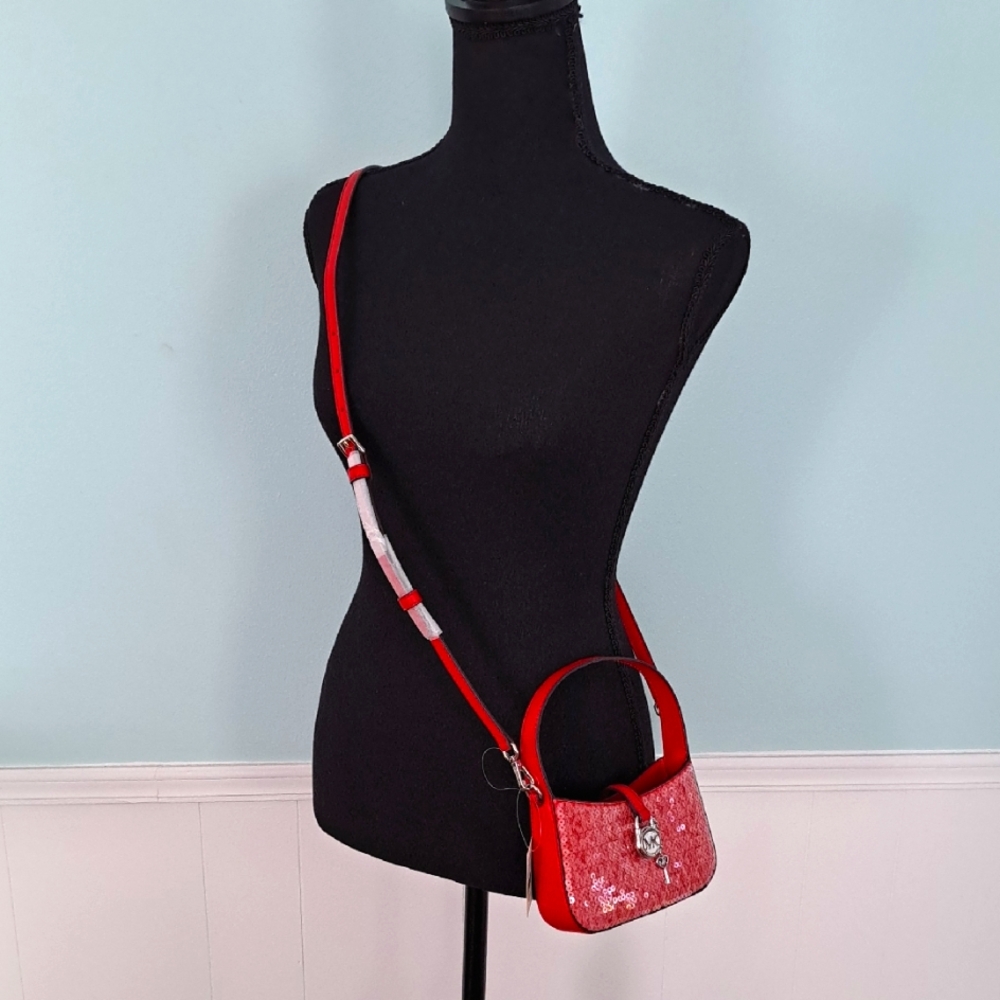 MICHAEL KORS Lyra Extra-Small Red Sequined Logo Pouchette Crossbody Bag
